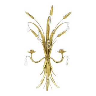 Vintage Italian Gilt Metal Wheat Two Light Candle Wall Sconce With Glass Prisms For Sale