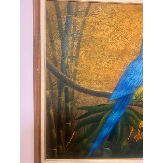 Vintage Boho Bamboo Parrot Painting, Illegible Signature, Framed 48” X 36 - Signed Unknown Artist For Sale - Image 4 of 12