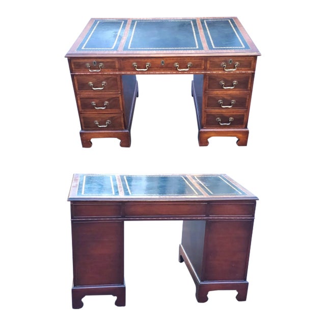 Hespeler Furniture Chippendale Mahogany Inlays and Green Leather Top Desk For Sale