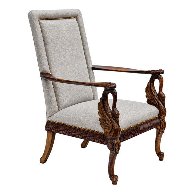 19th-C. Italian Neo-Classical Style Walnut Swan Form Bergere Chair For Sale