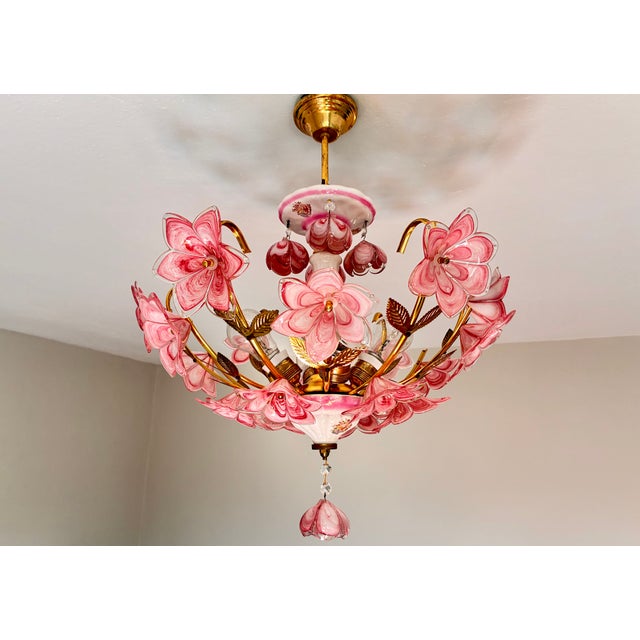 1980s Italian Pink Murano Style Glass Floral Chandelier – Hand-Painted Porcelain & Brass Ceiling Light For Sale - Image 9 of 18