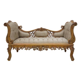 Mid 20th Century French Vintage Style Settee, Tufted Light Tan Patterned Velvet For Sale
