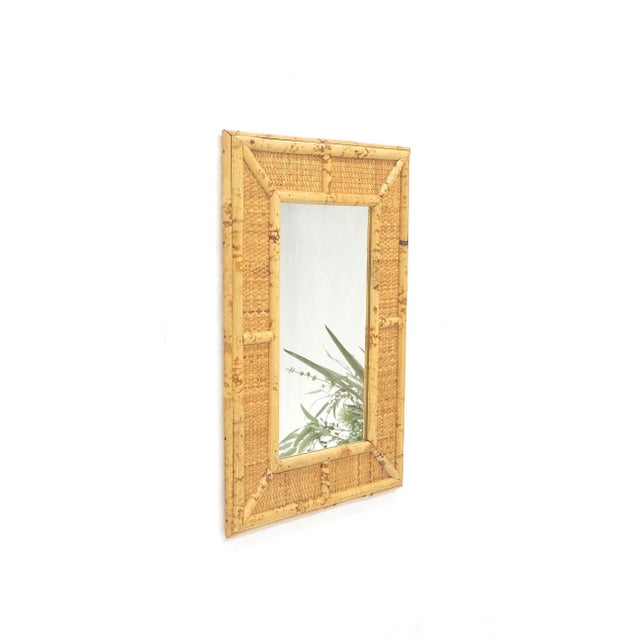Mid-Century Modern Compact Rectangle Bamboo Frame Decorative Mid Century Modern c1970s Wall Mirror For Sale - Image 3 of 7