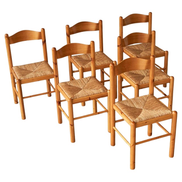 Rustic Chalet Chic Chairs in Pine and Rush in the style of Vico Magistretti, 1970s, Set of 6 For Sale