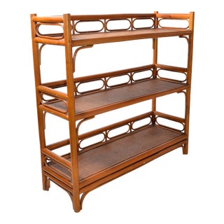 Marked 3 Tier Rattan & Wicker Storage Shelf , Display Shelf Mid-Century Modern For Sale