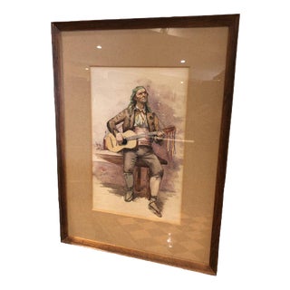 Spanish Guitarist, Watercolor, Framed For Sale