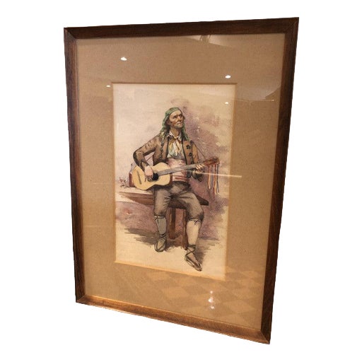 Spanish Guitarist, Watercolor, Framed For Sale