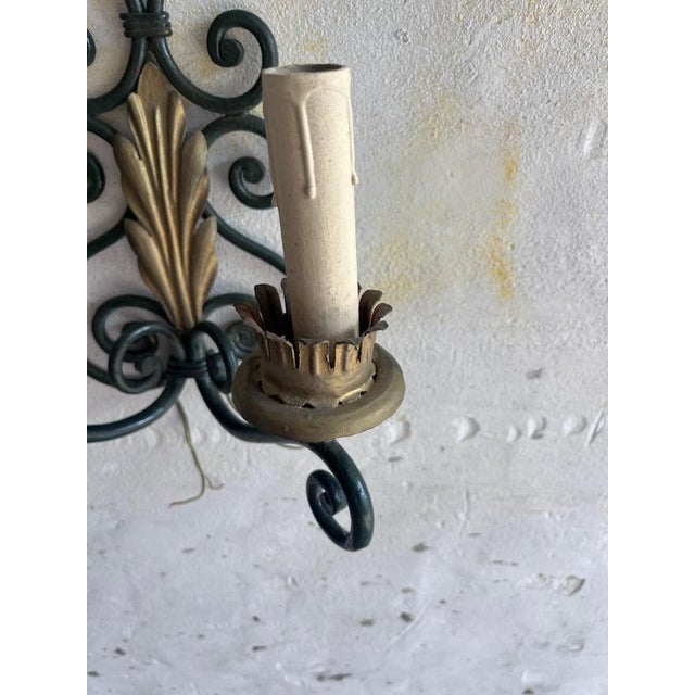 Wrought Iron Wall Sconces with Gilt Leaf Motifs, Set of 2 For Sale - Image 5 of 8