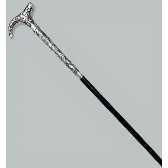 Black Antique Chinese Sterling Silver Qing Lady’s Walking Swagger Stick Cane 2 Dragons For Sale - Image 8 of 8