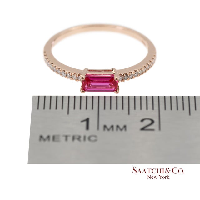 14k 585 Solid Rose Gold Pink Baguette Cut Stone and Natural Diamond Ring, Size 6 For Sale - Image 10 of 12