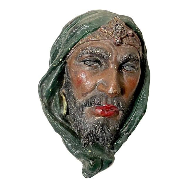 Antique Lifesize Arabian Man Painted Plaster Wall Sculpture Figure Sculpture For Sale