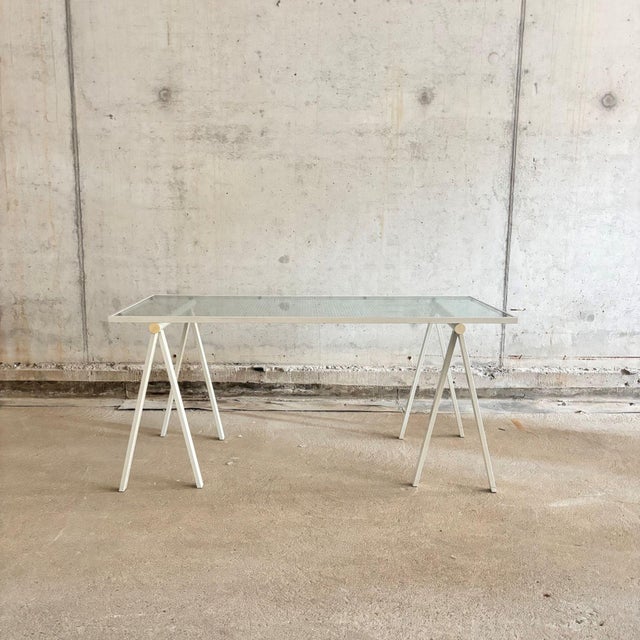 Steel and glass (dining)table or desk, designed by Rodney Kinsman for Bieffeplast, Padova/Italy, 1980s. This model is...