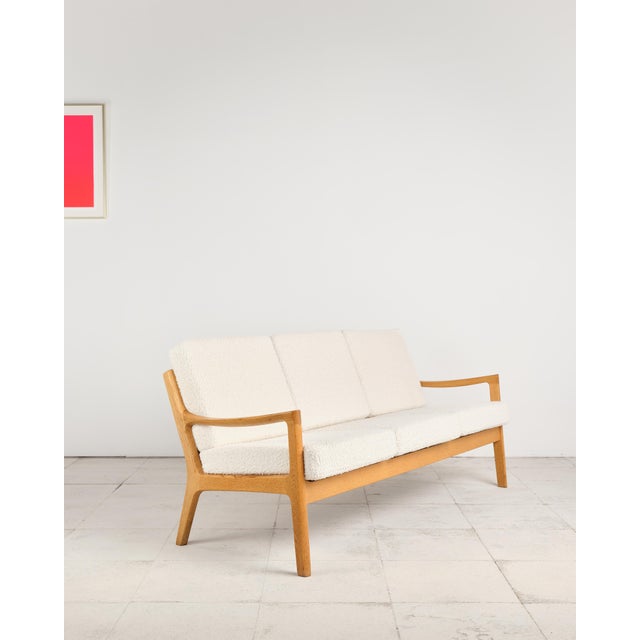 Contemporary Mid-Century Danish Three-Seater Sofa in Oak with Bouclé Cover by Ole Wanscher for France & Son, 1950s For Sale - Image 3 of 18