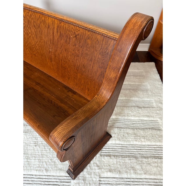 Wood Antique Solid Mission Carved Oak Wood Church Pew Bench For Sale - Image 7 of 12