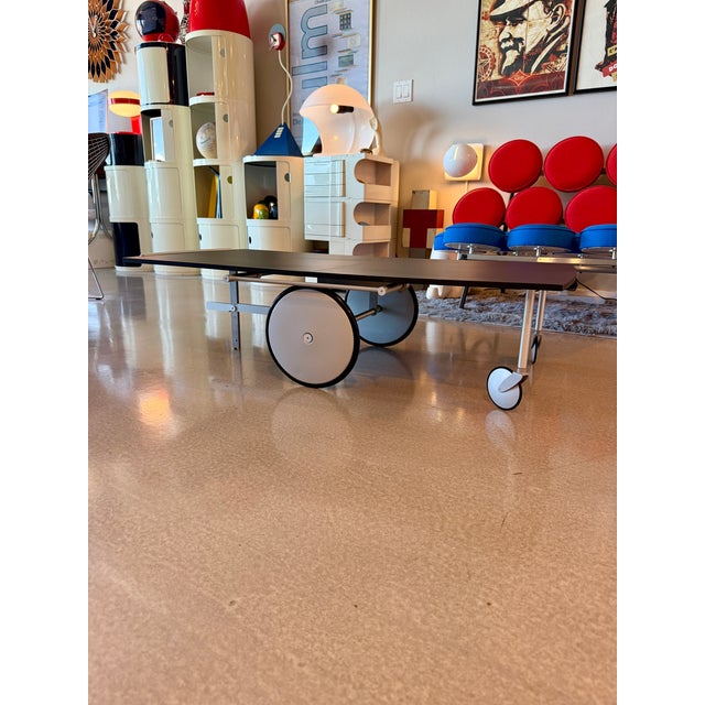 1990s Italian Postmodern Raul Barieri Ycami Attributed Convertible Folding Bar Cart Italian Aluminum Coffee Table Adjustable Mago For Sale - Image 10 of 18