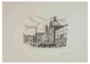 Giuseppe Malandrino, Piazza Navona, Etching, 1970s