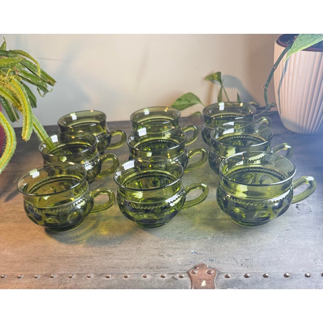 Mid-Century Modern Vintage Mid-Century Modern Indiana Glass Kings Crown Thumbprint Avocado Green Coffee / Punch Cups Set of 9 For Sale - Image 3 of 5