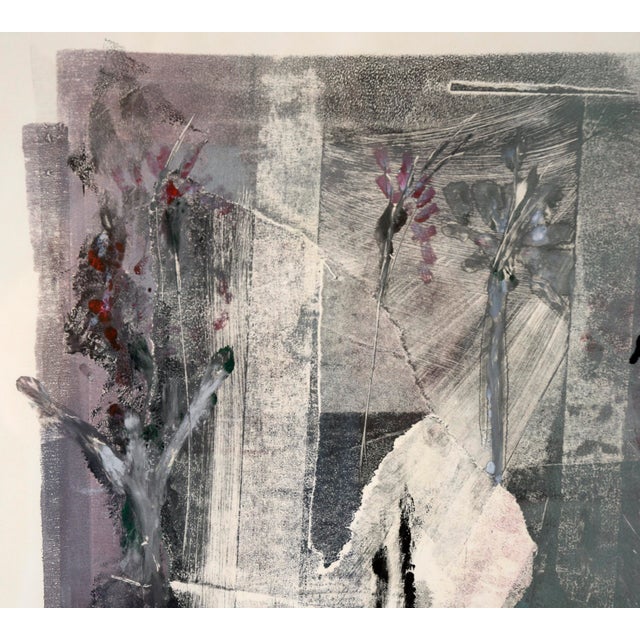 Bold abstract monoprint by Roxanne Lu (20th Century). This piece is composed of botanical shapes laid across large patches...