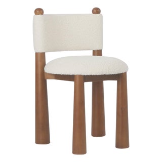 Talia White Boucle Dining Chair with Wood Cone Legs For Sale