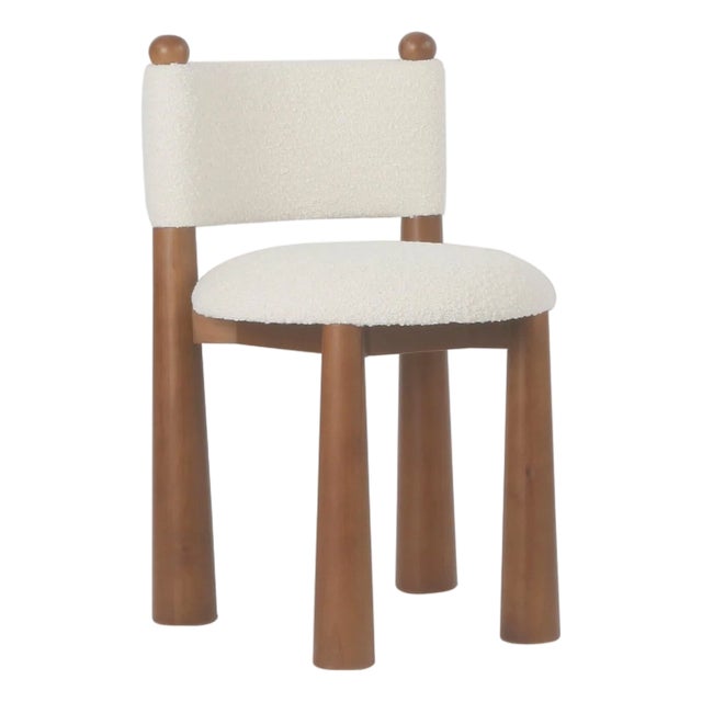Talia White Boucle Dining Chair with Wood Cone Legs For Sale