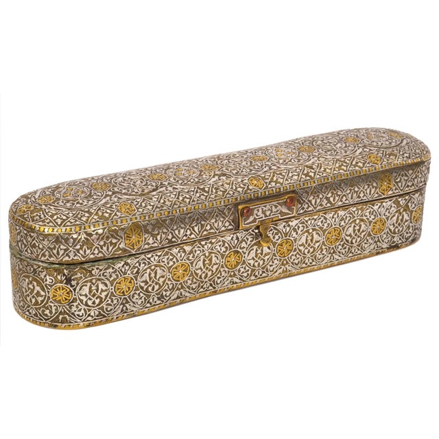 Antique Islamic 15th Century Mamluk Qalamdan Gold Silver Inlaid Brass Pen Box For Sale In Portland, OR - Image 6 of 12