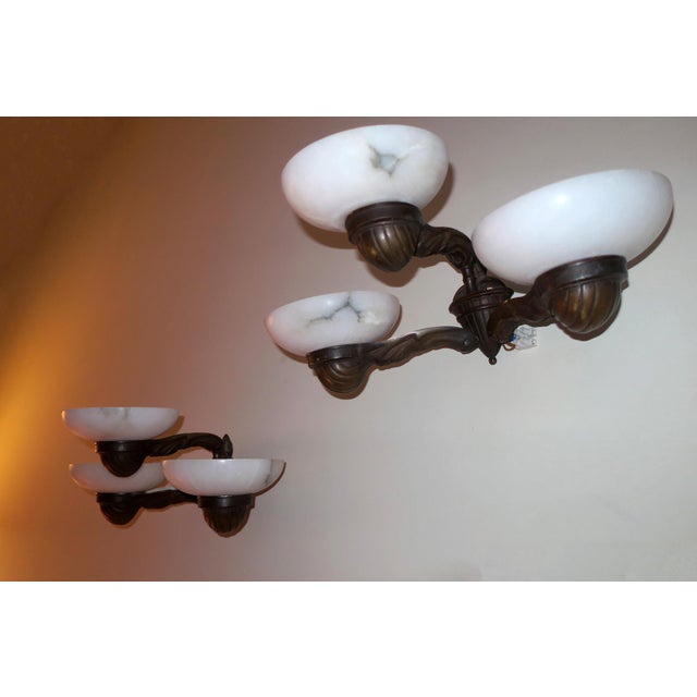 Antique Bronze and Alabaster 3-Arm Wall Lights 1910s, Set of 2 For Sale - Image 6 of 10