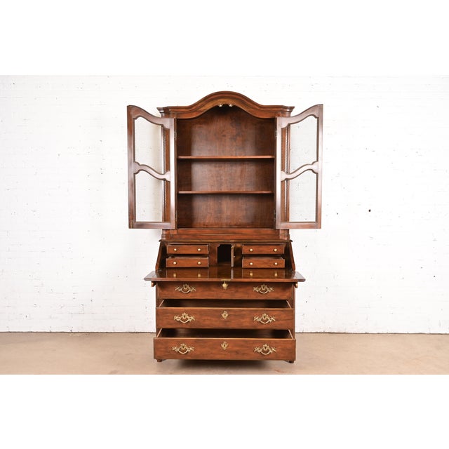 1960s Baker Furniture French Provincial Louis XV Carved Walnut Drop Front Secretary Desk With Bookcase Hutch For Sale - Image 5 of 16