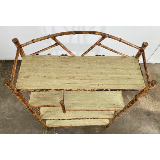 Wood Vintage Scorched Bamboo Tiered Shelf With Grasscloth Liner For Sale - Image 7 of 8