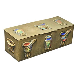 Early 20th-Century Chinese Brass Box With Applied Cloisonné Medallions (4.375"), Marked “China” For Sale