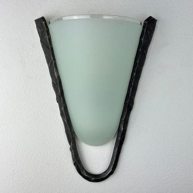 Postmodern Frosted Glass and Hammered Iron Wall Sconces For Sale - Image 12 of 13