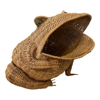Vintage Wicker Frog Basket With Glass Marble Eyes For Sale