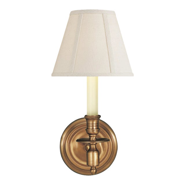 Visual Comfort Signature French Single Sconce in Hand-Rubbed Antique Brass with Linen Shade For Sale