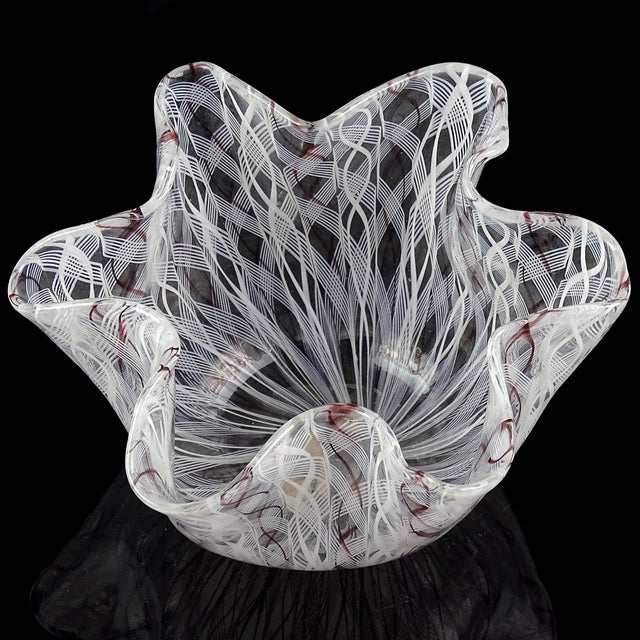 Mid 20th Century Venini Bianconi Murano Label Vintage White Purple Zanfirico Italian Art Glass Midcentury Fazzoletto Vase For Sale - Image 5 of 8