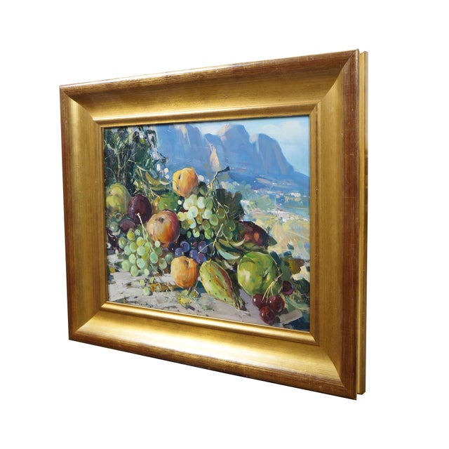Late 20th century oil on board painting titled "Natura Morta (Still Life)" by Vincenzo Aprile. Shows a pile of ripe fruit...