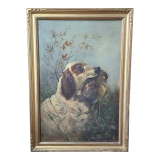 Antique 19th Century Oil Painting Moody Dog Portrait English Setter Hunting Scene For Sale