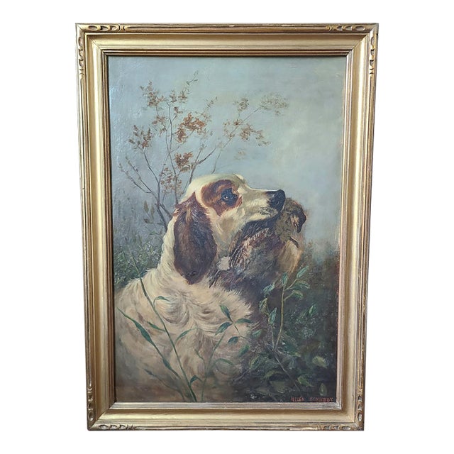 Antique 19th Century Oil Painting Moody Dog Portrait English Setter Hunting Scene For Sale