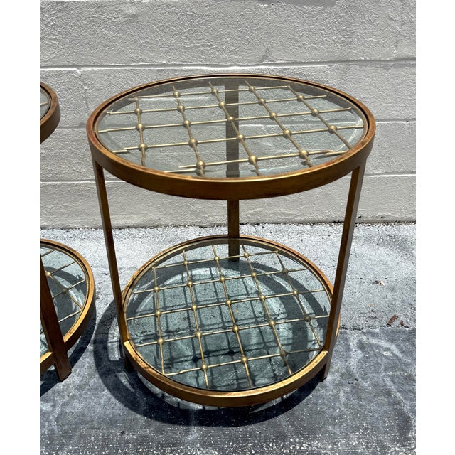Mid-Century Modern Vintage MCM Beaded Lattice Brass Tone Two Tier Side Tables - Pair For Sale - Image 3 of 9