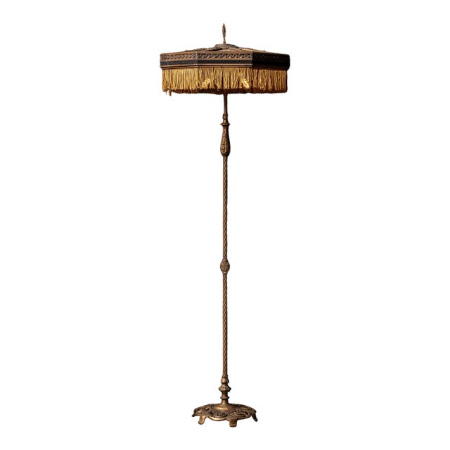 Antique Bronze Floor Lamp With Fringed Shade For Sale