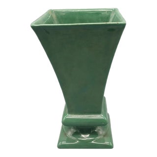 Vintage Haeger Usa Green Square Flared Pedestal Pottery Vase Planter For Sale
