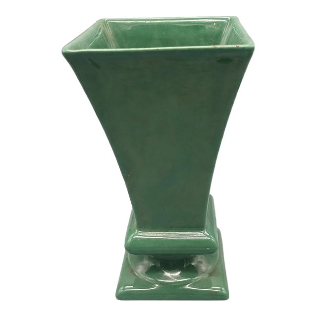 Vintage Haeger Usa Green Square Flared Pedestal Pottery Vase Planter For Sale