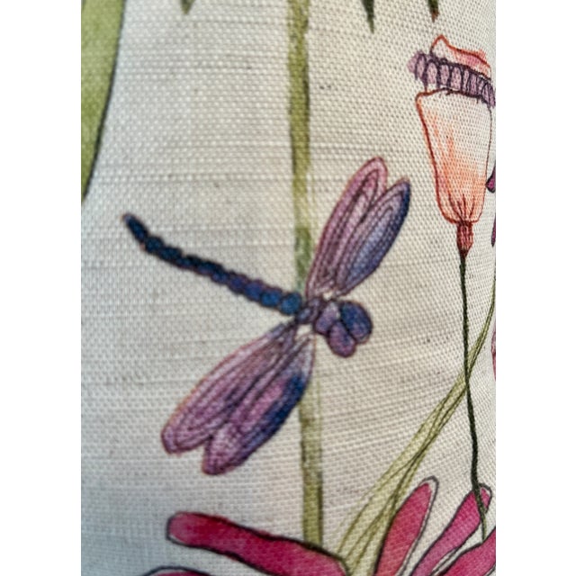 Large Bolster Pillow Decorated With a Mid Century Modern Inspired Pink & Blue Floral Pattern With Dragonflies on a Cream Background - Made in U K For Sale In Dallas - Image 6 of 11