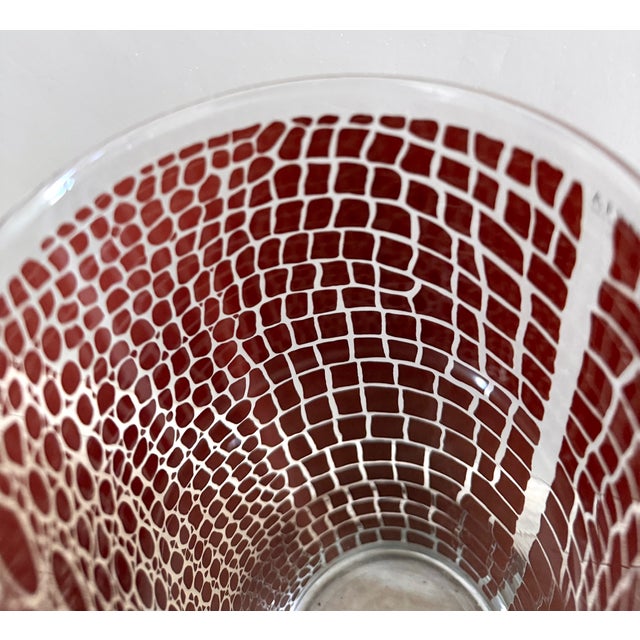 Red Circa 1995 Egizia Italy Contemporary Abstract Dark Red Screen-Printed Pattern on Colorless Cylindrical Glass Vase For Sale - Image 8 of 14
