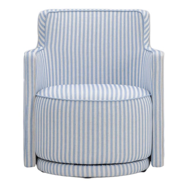 Wood Passe Blue Striped Swivel Chair For Sale - Image 7 of 7