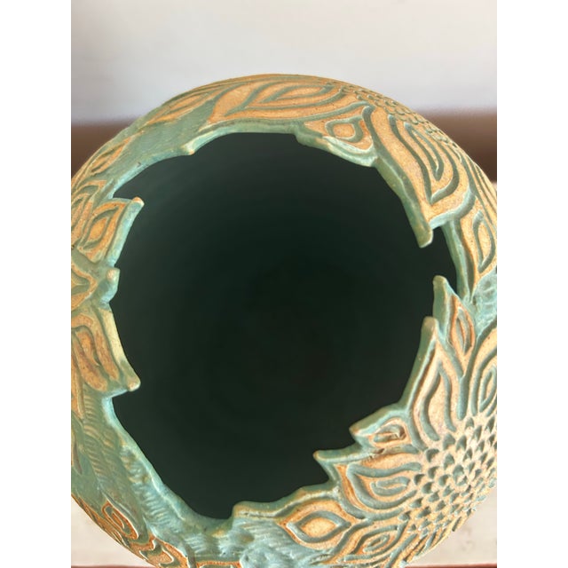 Vintage Large Blue Studio Pottery Vase With Sunflower Relief Pattern For Sale In Philadelphia - Image 6 of 10