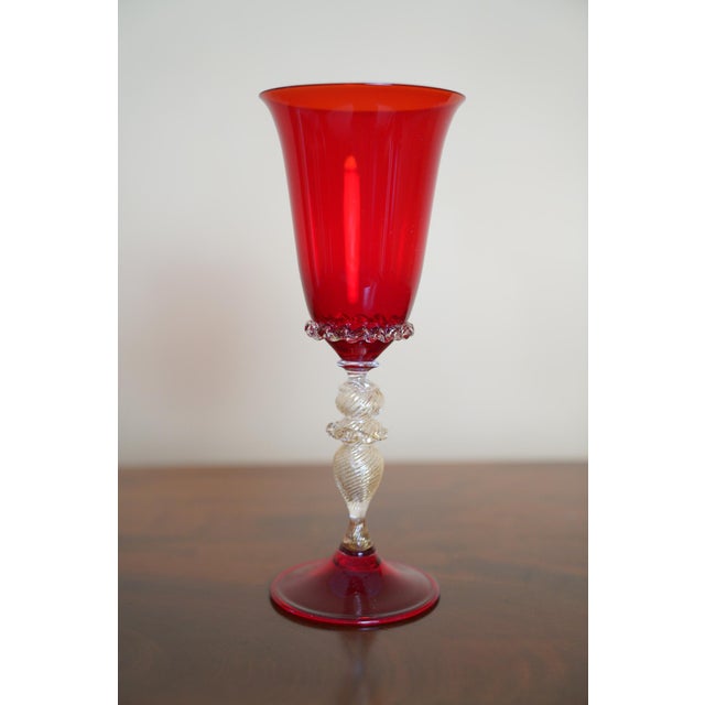 Italian Italian Ruby Red Murano Art Glass Chalice With Gold Aventurine Stem 1970s For Sale - Image 3 of 9