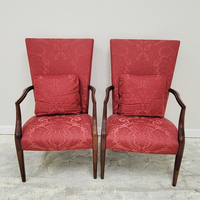 Hickory Chair James River Fisk Federal Style Mahogany Lolling Armchairs in Raspberry Rose Silk Damask - Pair For Sale In Raleigh - Image 6 of 8
