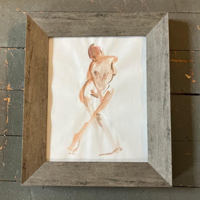 1970’s Vintage Female Nude Watercolor Painting Distressed Wood Tabletop Frame For Sale - Image 4 of 4