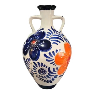 Vintage Hand Painted Floral Majolica Two Handle Garden Pottery Jug, Made in Spain
