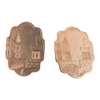 Antique 1880s Victorian Gilded Age Engraved Cityscape Gold Filled Cufflinks For Sale