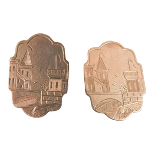 Antique 1880s Victorian Gilded Age Engraved Cityscape Gold Filled Cufflinks